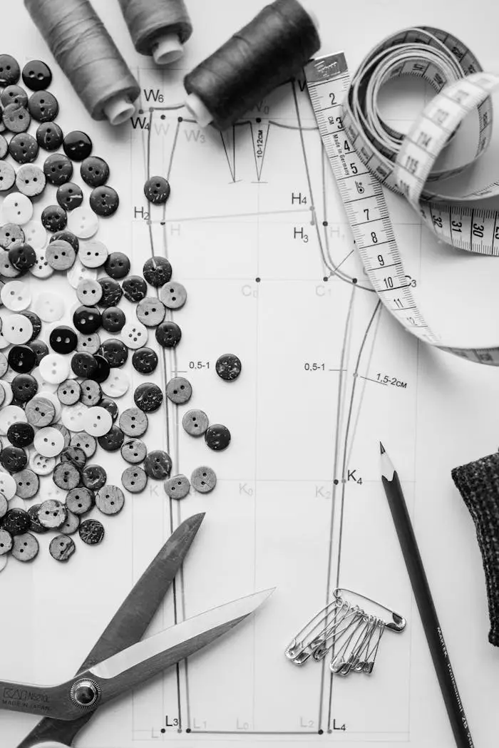 A black and white flatlay featuring sewing materials and tools on a sewing pattern.